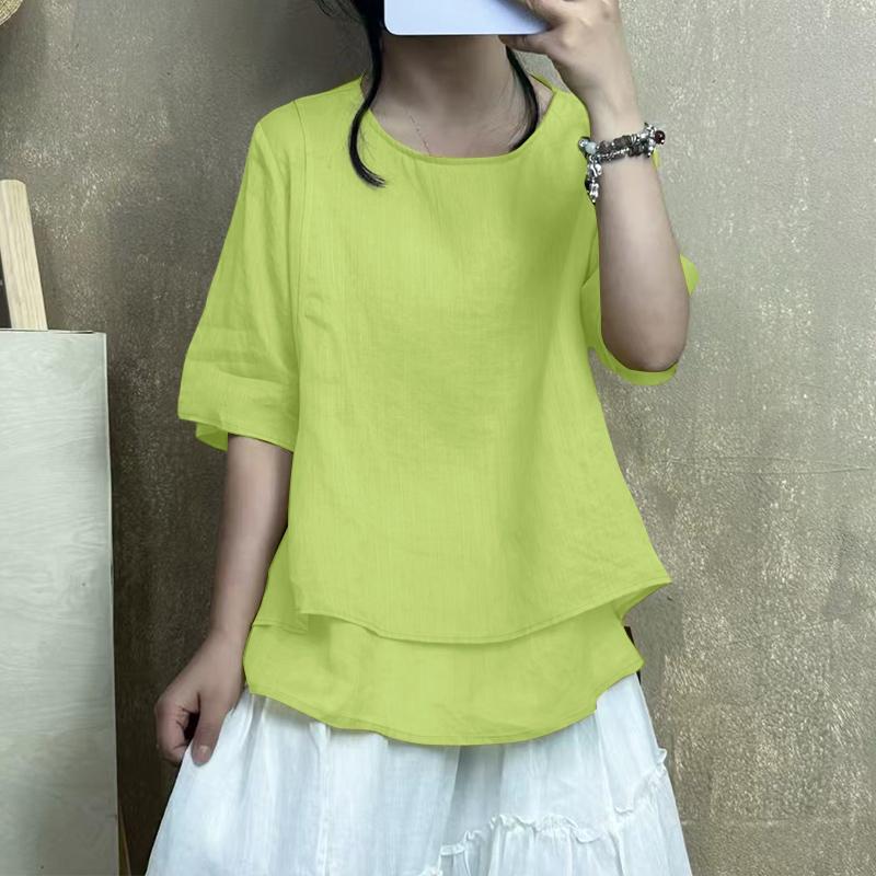 ZANZEA Women Summer Round Neck Loose Casual Half Sleeve Blouse