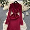 Celebrity niche high-end V-neck two-button long-sleeved waist-closed knitted dress women's autumn inner sweater long dress