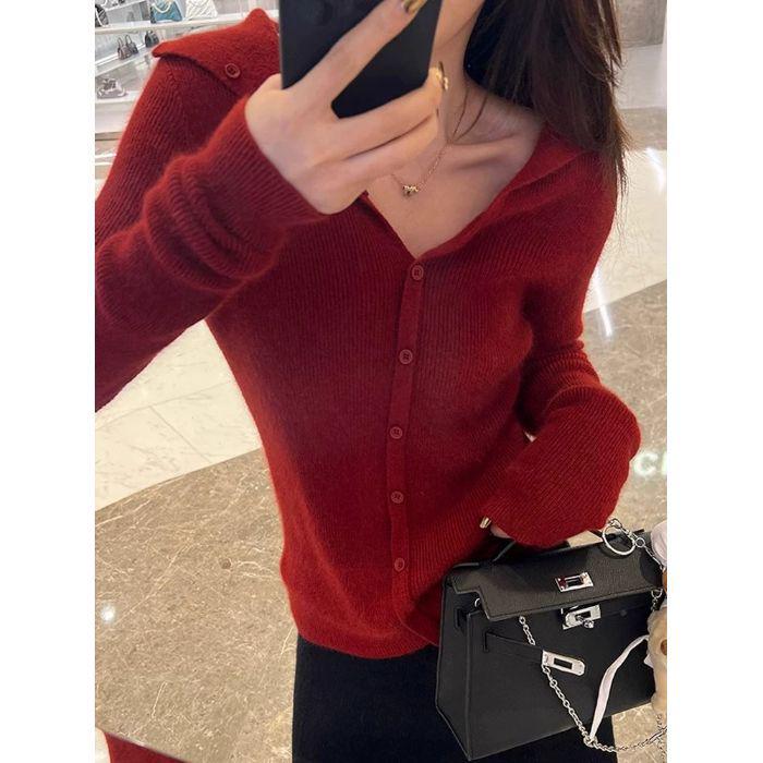 Women's French Style Red Knit Cardigan: Short, Long Sleeve, High-End Look for Spring and Autumn