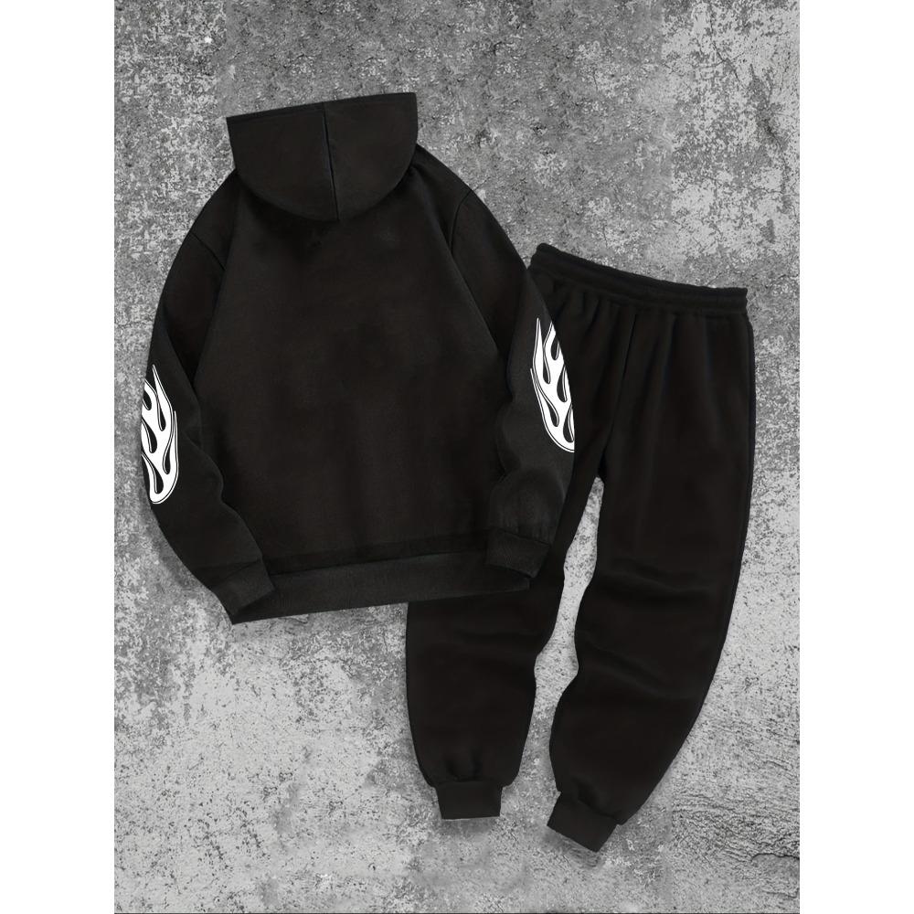 Retro Men's Casual Hooded Sweatshirt and Drawstring Waistband Sweatpants Set with Letter Design Pattern Print Suitable for Casual Wear
