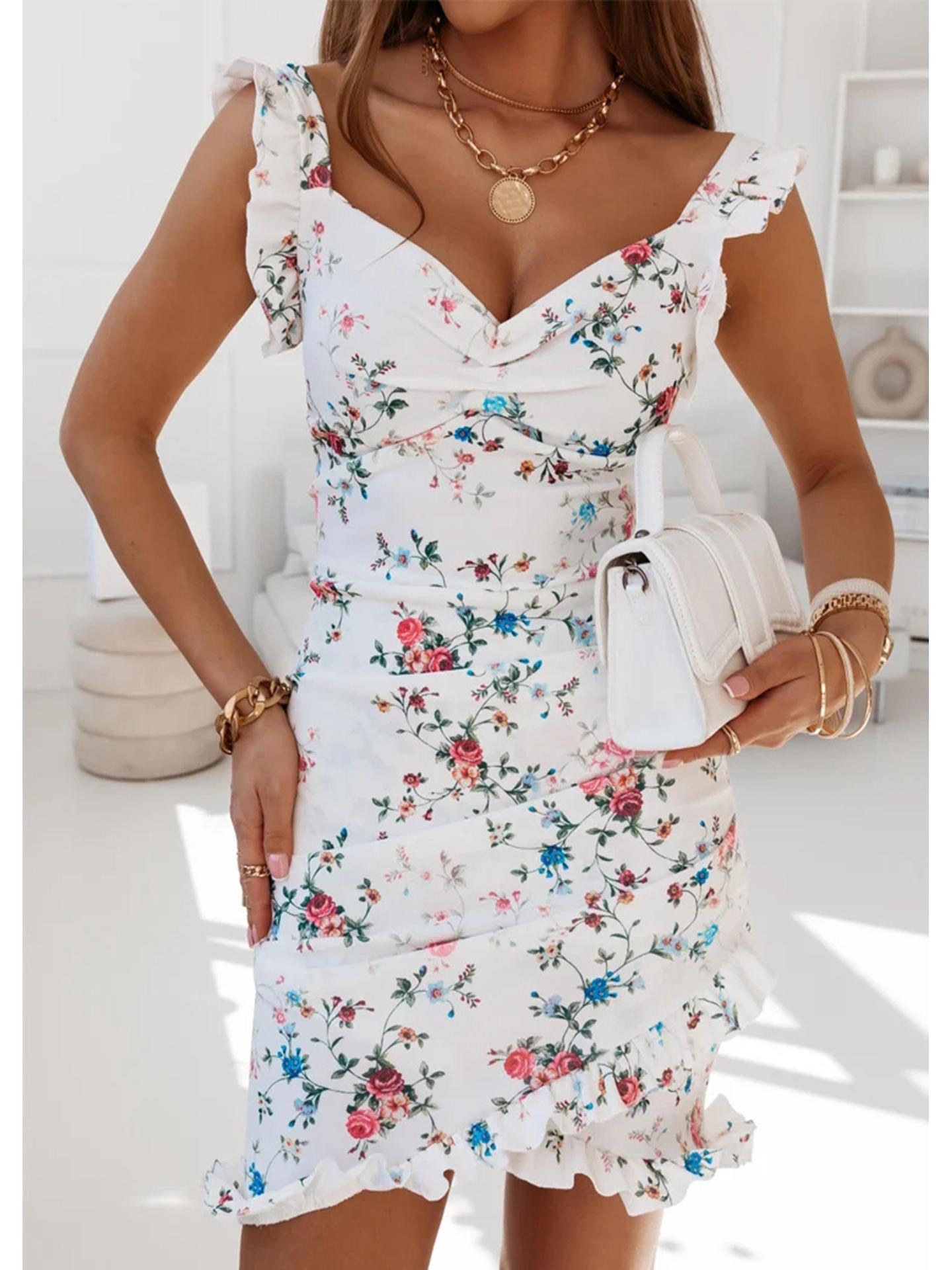 

2025 Платье-бодикон с оборками, без рукавов, с V-образным вырезом, с цветочным принтом - Коллекция Весна/Лето Large