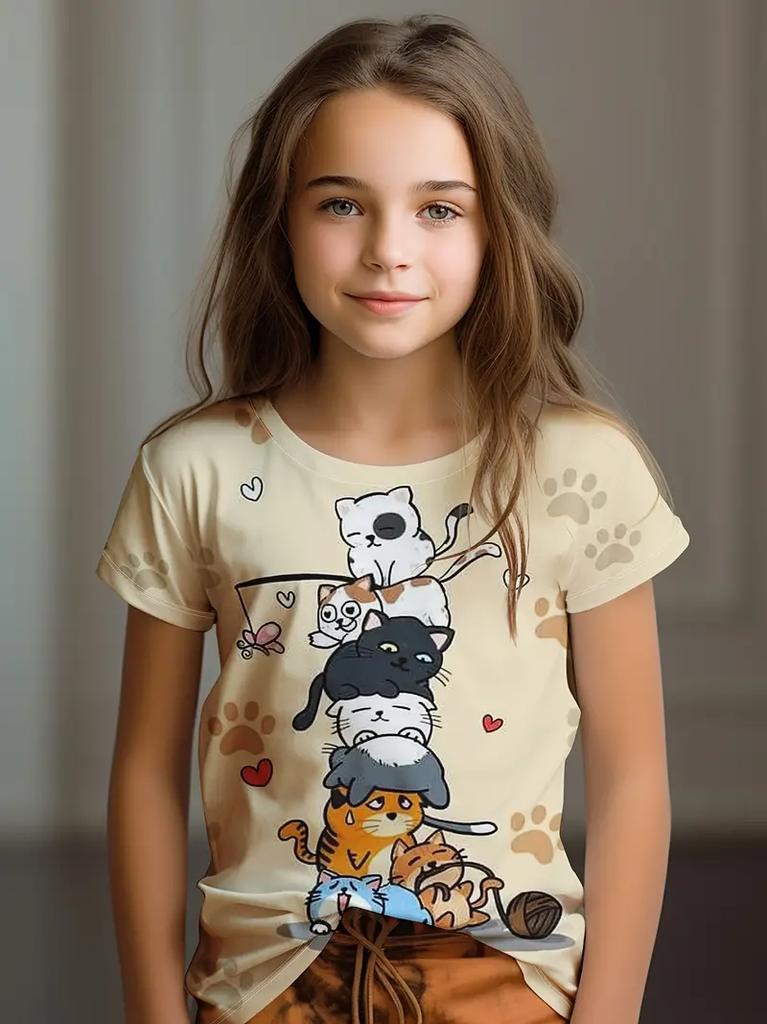 Kinderkleidung Kinder T-Shirt Mädchen Kurzarm Top Cartoon Katze Kawaii Mädchen Sommerkleidung Kinder T-Shirt Kinderkleidung