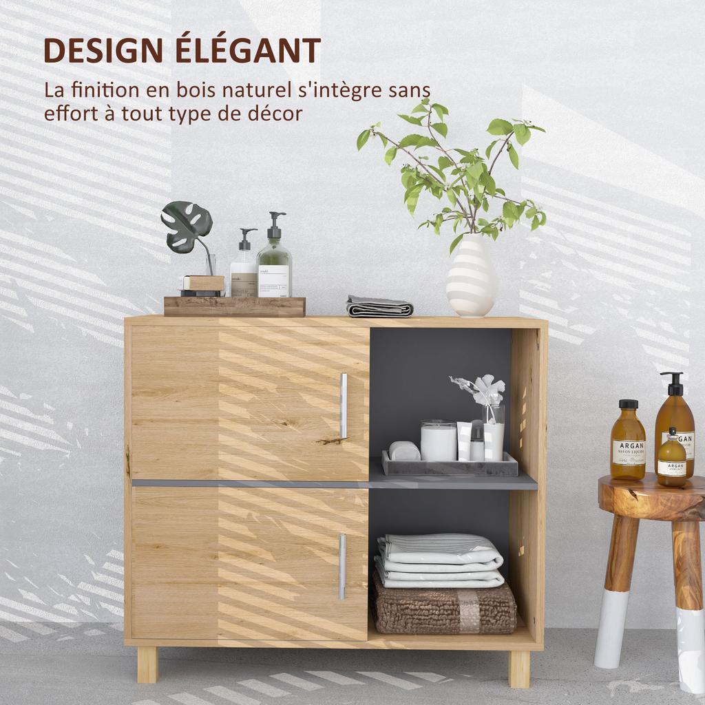 Bathroom Storage Cabinet Natural Wood 80x35x70 cm 2 Doors 2 Open Compartments