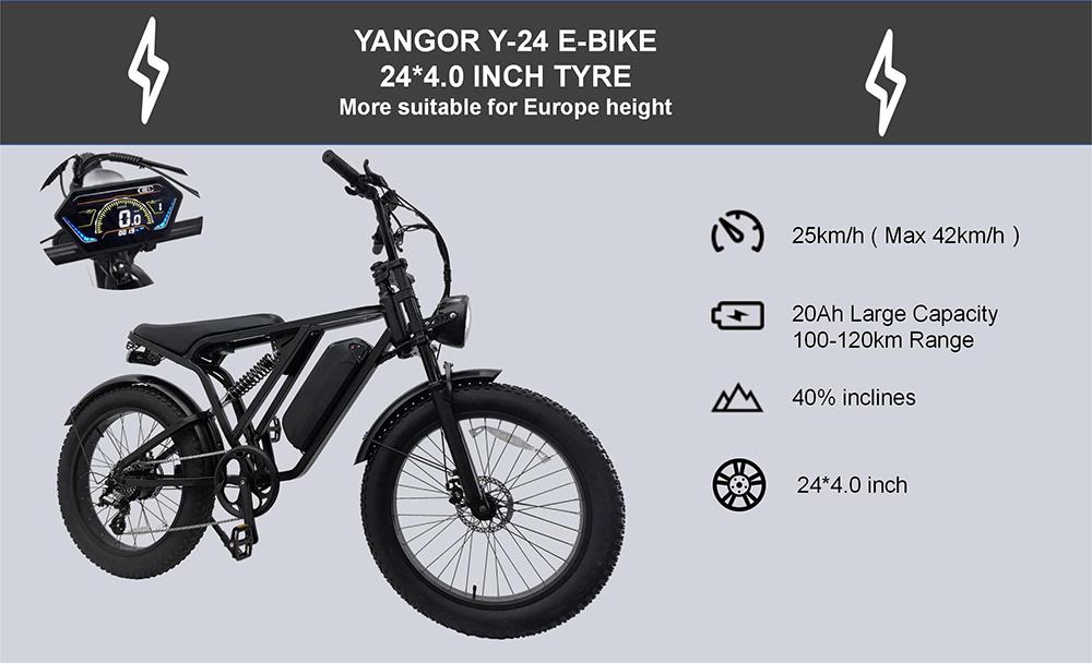 YANGOR Y-24 Electric Bike, 250W Motor, 48V 20AH Battery, 24*4.0-inch Tire, 42km/h Max Speed, 120km Max Range