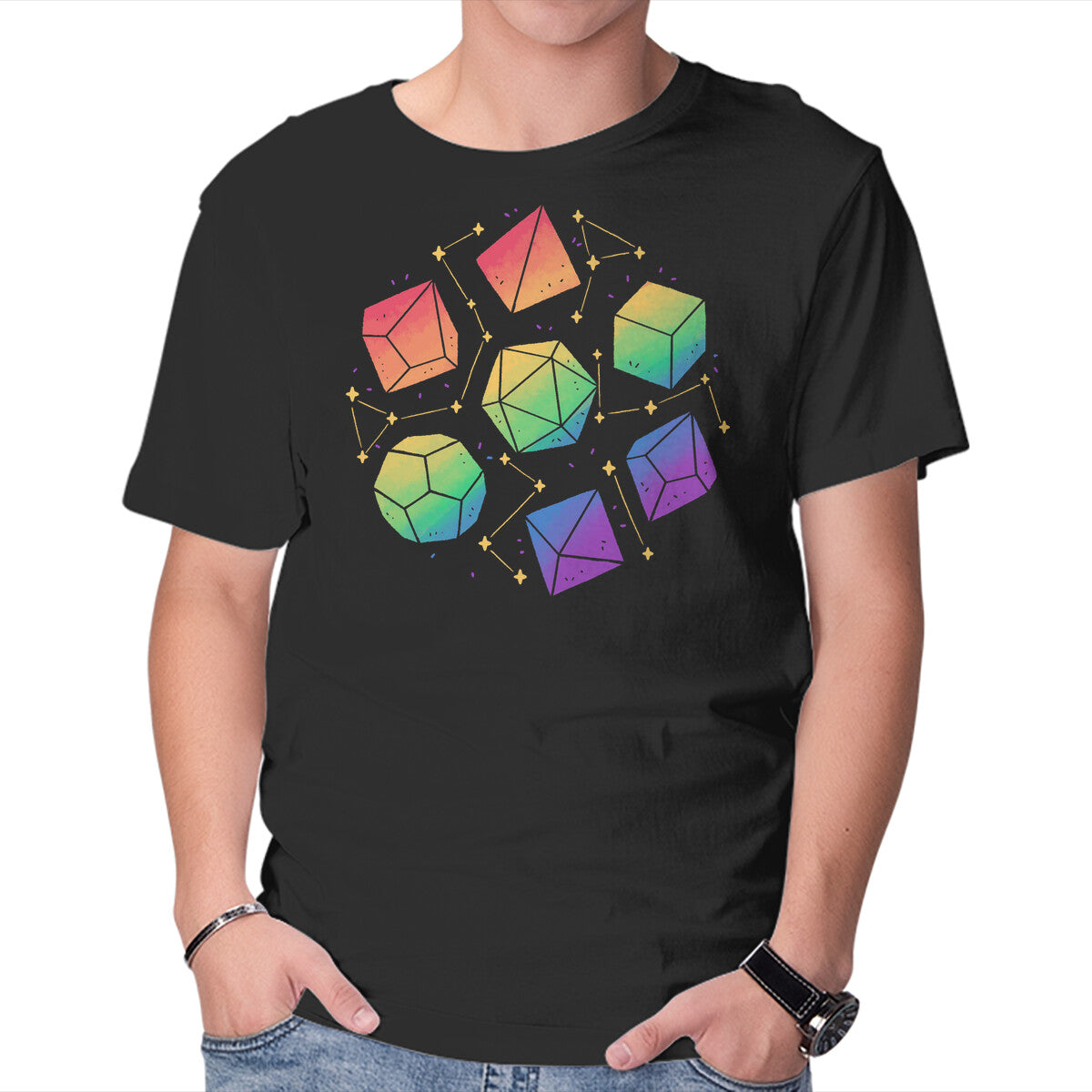 Unisex Crew Neck T-Shirt Rainbow Galaxy DND Dice Graphic Short Sleeve Casual Tee XL