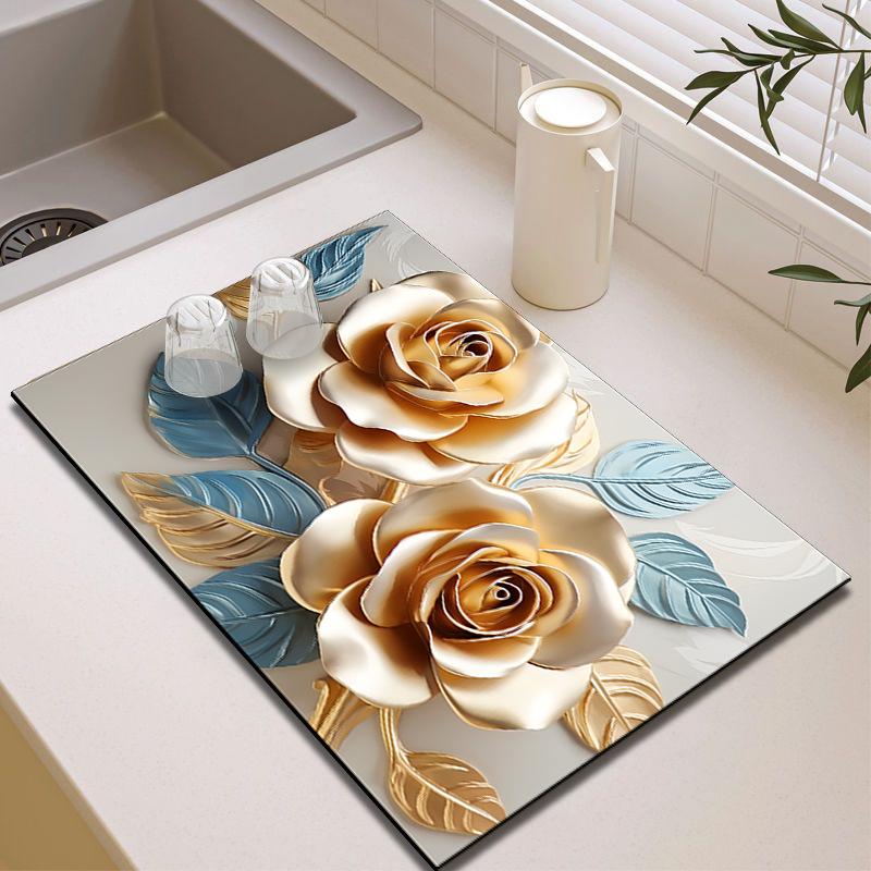 3D Floral Diatom Mud Drain Pad - Heat-Insulating, Quick-Drying, Non-Slip Kitchen Mat