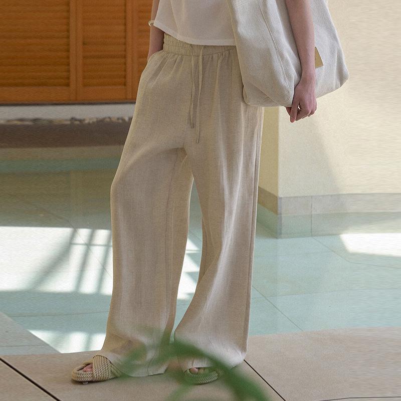 Women's Simple Solid Color Linen Pants with Double Side Pockets, Long Straight Leg, Casual Versatile Spring/Summer Wear