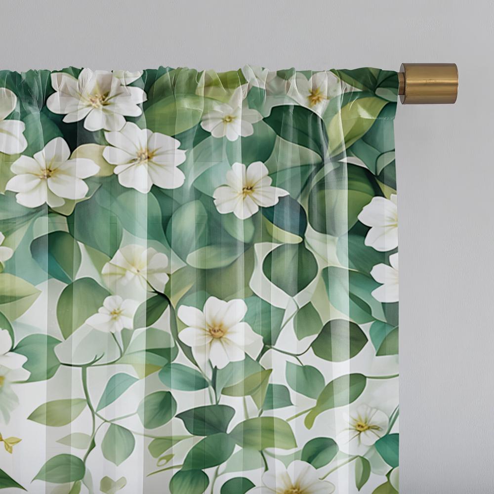 2 Pieces HD Digital White Vines Flowers Play Butterfly Printed Window Screen Home Decor Style Decoration Living Room Bedroom Rod