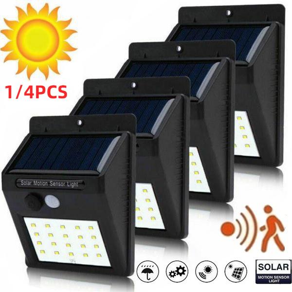 

1/4PCS LED Солнечные наружные фонари Настенные светильники Беспроводной датчик движения Настенные светильники Солнечные фонари IP65 Водонепроницаемый, для садов, патио, входных дверей, гаражей