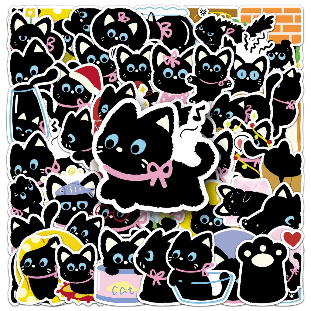 50 Bow Black Cat Doodle Stickers Cartoon Cute Hand-painted Decorative Creative Water Cup Mobile Phone Case Stickers