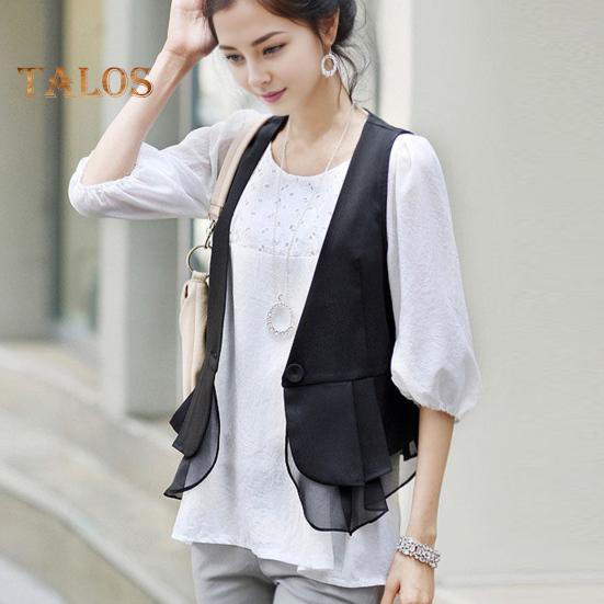 Lady Women Vest Coat Single Button Closure Sleeveless Pleated Ruffle Mesh Patchwork Slim Fit Suit Coat Solid Color Casual Daily Wear Waistcoat