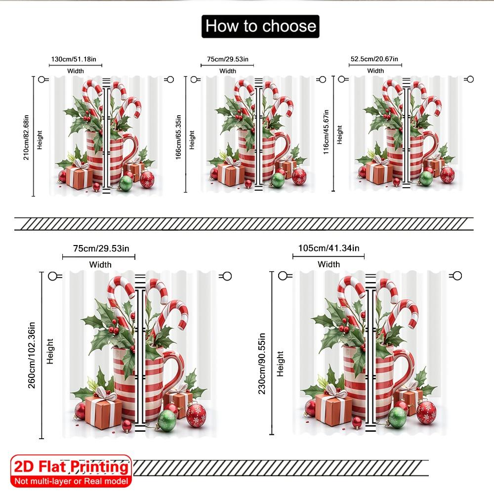 2pcs 2D Flat Printing Christmas Window Curtains Christmas Cup Candy Canes Holly Polyester Fabric Without Electricity Party &