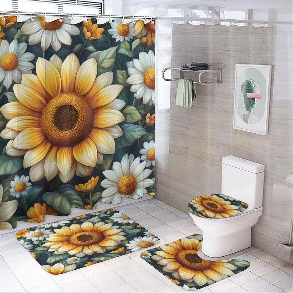 Bathroom Curtain And Rug Set, Sunflower Pattern Printed On Shower Curtain And Bath Mat Set, Designed For Farmhouse Contemporary