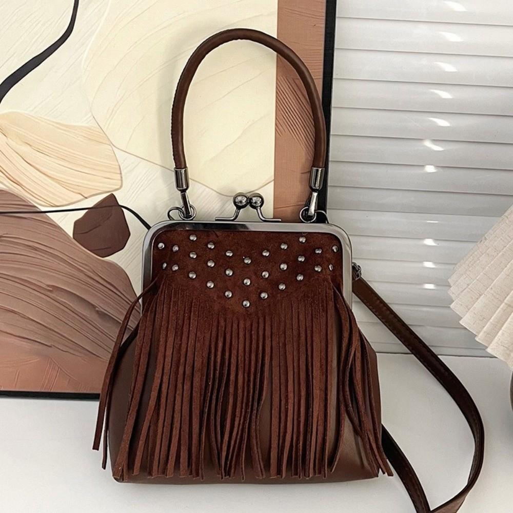 

New Rivet Crossbody Bag Versatile Casual Small Square Bag Tassel Shoulder Bag Women коричневий