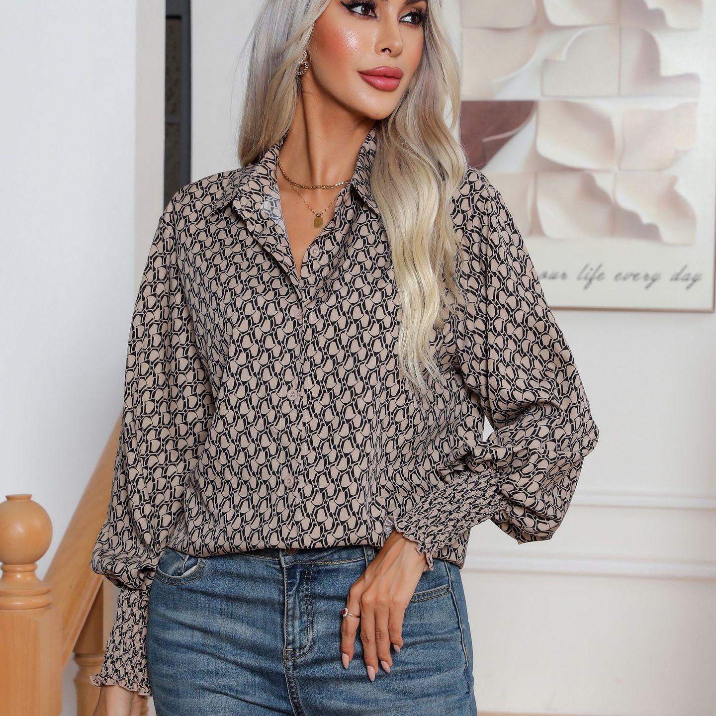 

Женская рубашка с геометрическим принтом и рукавами-фонариками, рубашка с длинным рукавом, топ XXL хаки