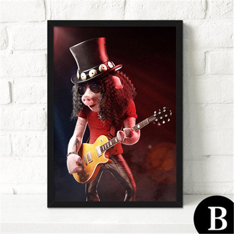 Nordic Decorative Canvas Painting Cartoon Posters Mr. Pig Cattle Cock and Dog Playing the Guitar for Children's Bedroom