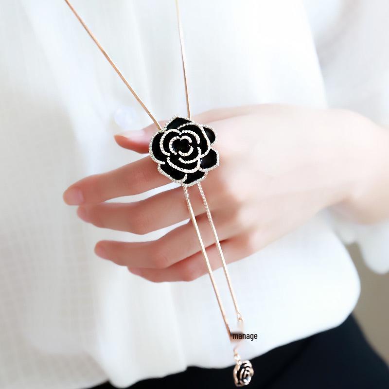 Korean Rose Flower Pendant Necklace - Retro Drip Oil Long Chain for Women