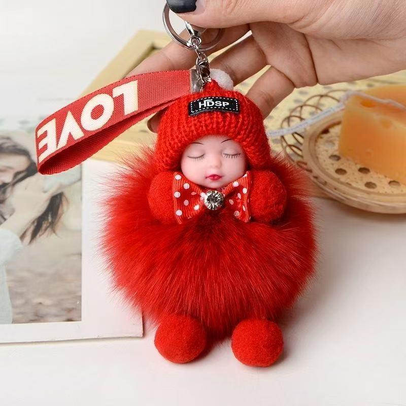 Genuine Fox Fur Sleep Doll Keychain Plush Pom-Pom Accessory