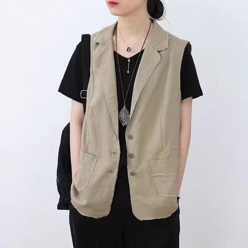 

Однотонный хлопковый жилет Женский весенне-осенний жилет Лацкан Карман Жилет Жилет Внешний Тонкий раздел S хаки