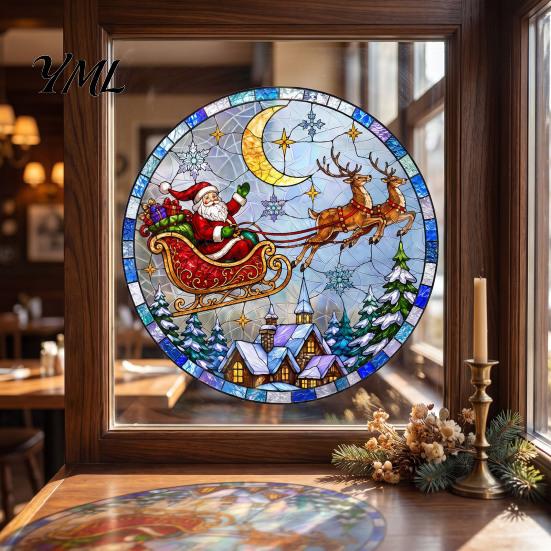 Retro Art Window Decoration Christmas Santa Sleigh Suncatcher Cling, Stained Glass Style Static Home Decor Sticker, Rainbow Film Xmas for Shop