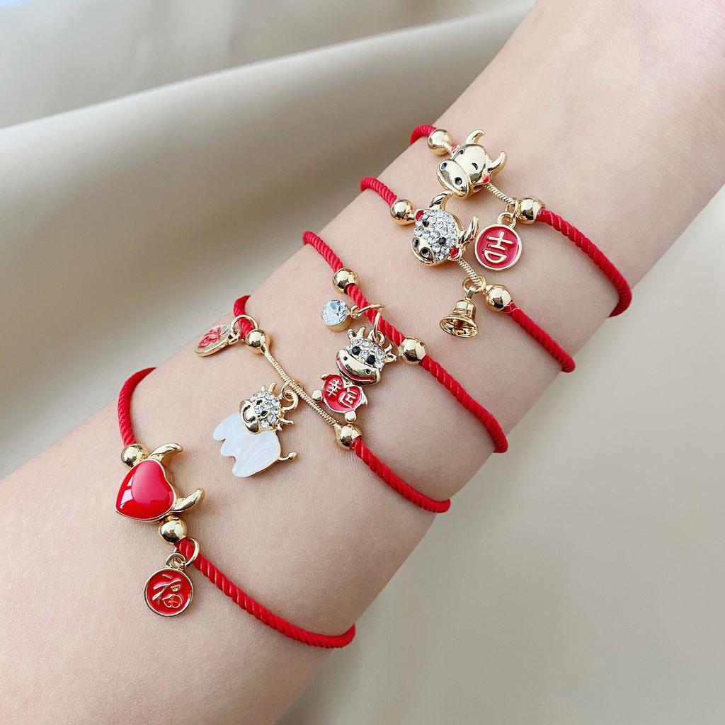 Red Natal Year Series Red Rope Bracelet Weaving Festive Zodiac Cow Lucky Rope Niche Design Couple Jewelry