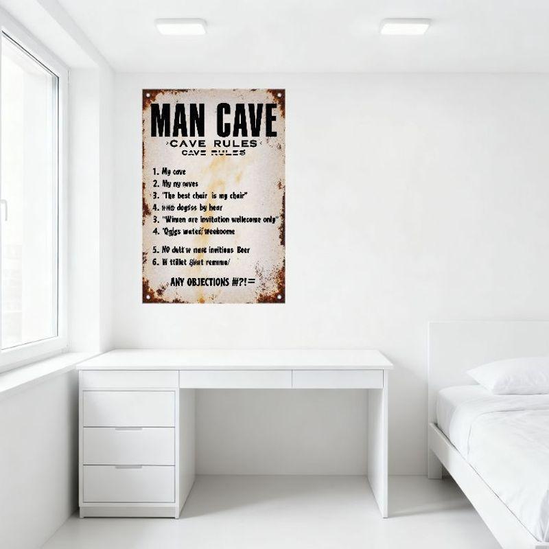 Vintage Man Cave Rules Metal Sign Rustic Weathered Metal Wall Decor with Rivet Corners & Funny Misspelled Rules for Garage Home