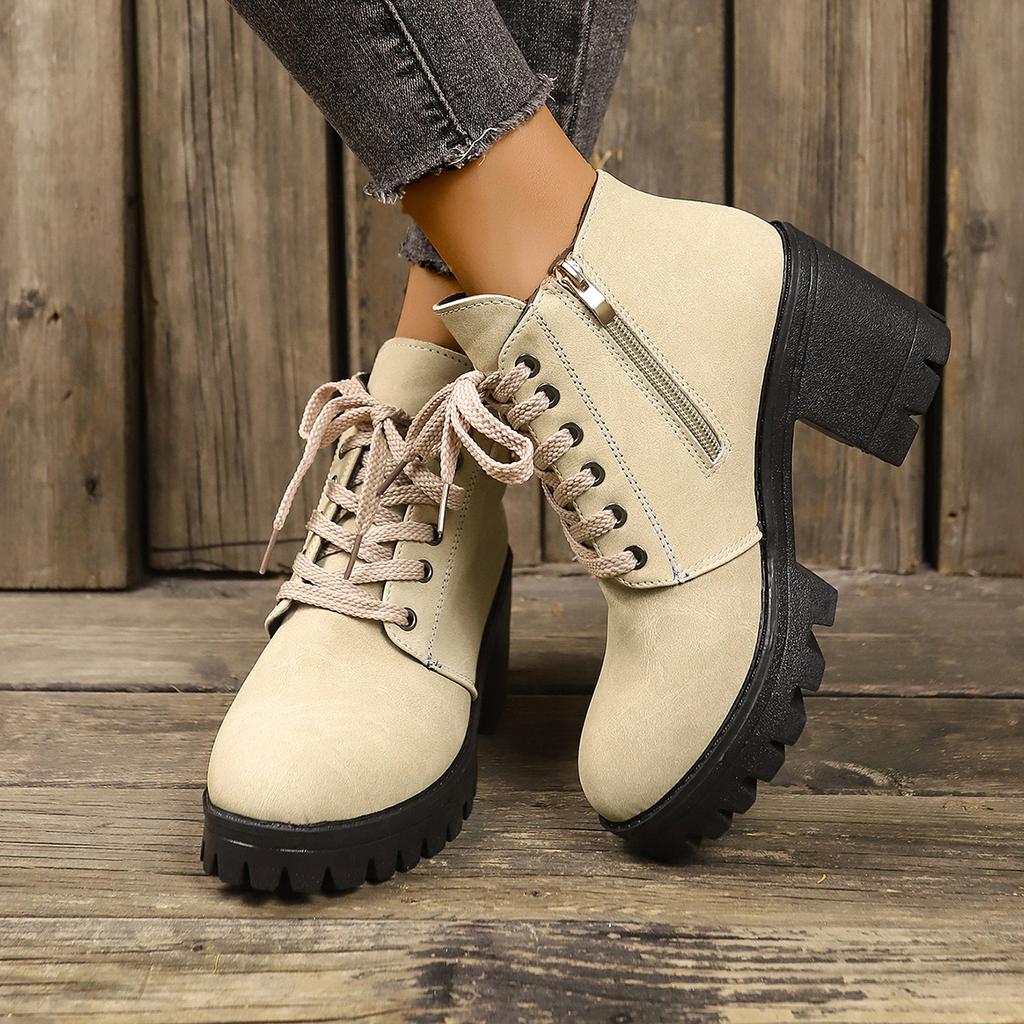 Fashion Women's Chunky Heeled Ankle Boots Metal Decoration Side Zipper High Heeled Booties Woman Fashion Lace Up Platform Short Boots