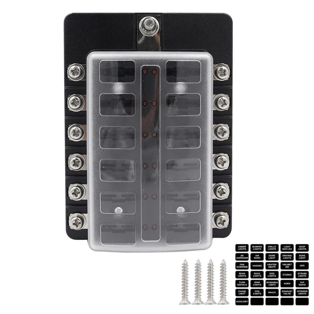 12V~24V 6/8/10/12/ Ways Blade Holder Fuse Relay Box Terminal Circuit Fuse Box with LED Warning Light Circuit Fuse Box Car Panel