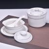 Gold-Trimmed Ceramic Water-Bath Stew Pot with Lid - Includes Egg Steaming and Bird's Nest Bowls, Round Soup Cooker for Home or Hotel Use.