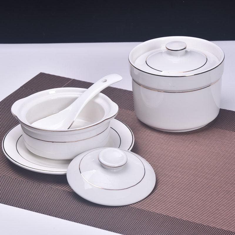 Gold-Trimmed Ceramic Water-Bath Stew Pot with Lid - Includes Egg Steaming and Bird's Nest Bowls, Round Soup Cooker for Home or Hotel Use.