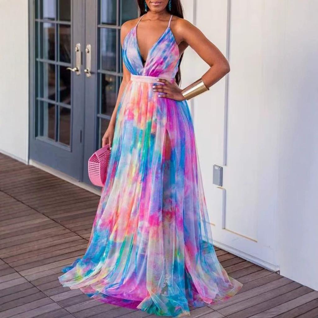 Europe, America, Amazon 3D Digital, Women's Sleeveless Tie-Dye Printing Cross Halter Dress