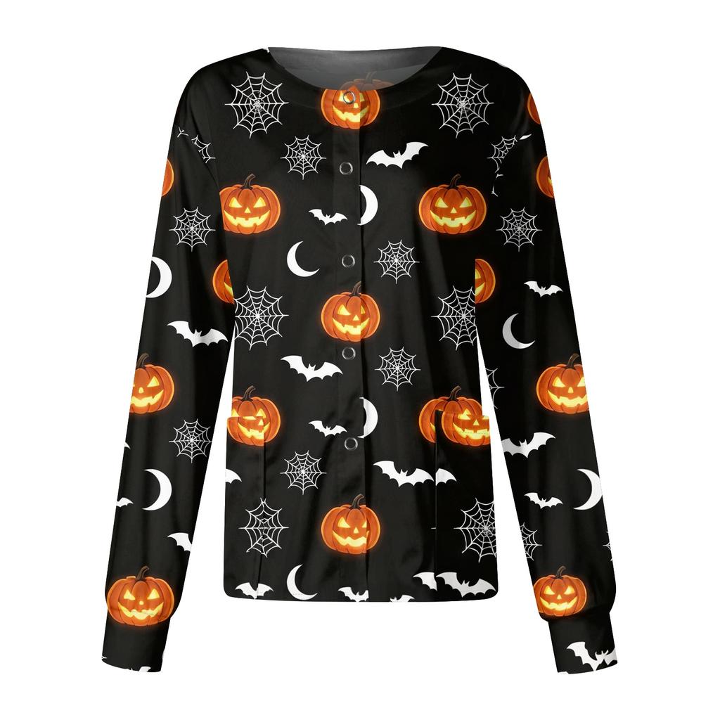 Women's Halloween Print Casual Long Sleeve Single Breasted Caregiver Cardigan Top Lightweight Comfortable Fit