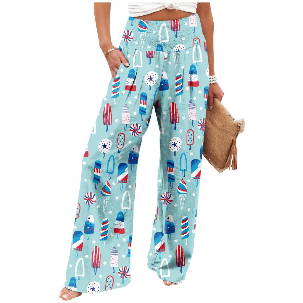 Women's Fashion Loose Casual Independence Day Print High Waist Wide Leg Pants Casual Pants