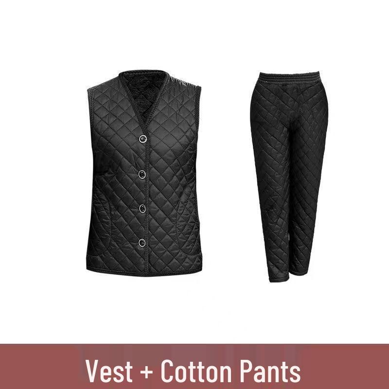 Warm Winter Three-Piece Set for Elderly Women: Fleece-Lined Cotton Coat and Pants