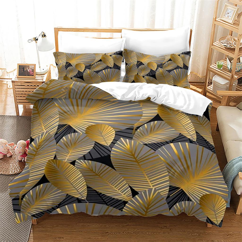 Luxury Gold Floral Duvet Cover Bohemian Leaves Microfiber Exotic Geometric King Queen for Children Adult for Bedroom Decoration
