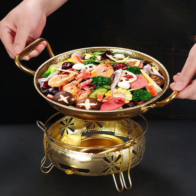 Hammered Stainless Steel Fry Pot Saucepan with 2 Ear Hot pot Dry Pots Seafood Fried Chicken Plate Korean Flat Kitchenware