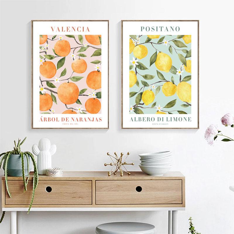 Abstrakte Zitronen-Blumen-Auge-Orange-Poster und Drucke, Vintage-Pflanzen-Wandkunst, Wandbilder für Wohnzimmer-Dekoration, Leinwandgemälde