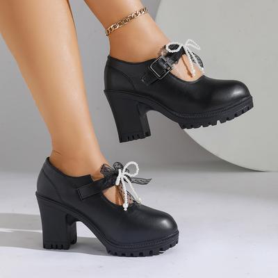 Temperament Blockabsatz Einzelne Schuhe Herbst Neu Runde Zehenpartie Flacher Ausschnitt Spitze Perlen Schleife Plateau Wasserdicht Rutschfest Hohe Absätze
