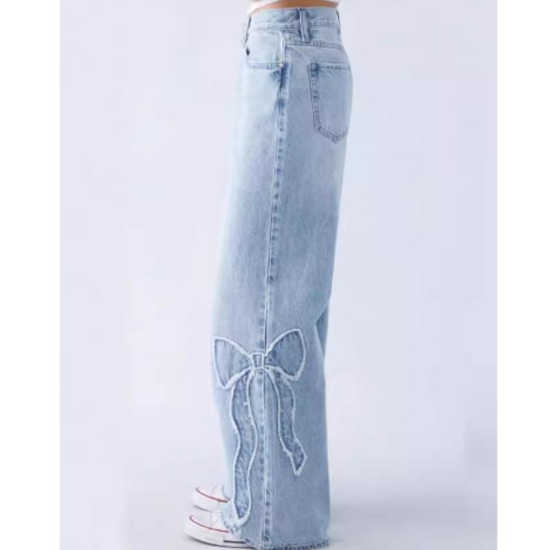 Americké vyšívané džíny s třásněmi na boku dámské high street design dívčí volné rovné kalhoty