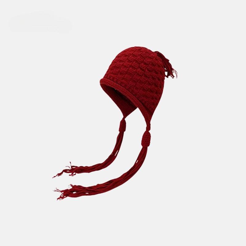 Autumn and Winter Sweet Knitted Hat with Long Tassels Windproof Ear Protection Hat Keep Warm Women Bucket Cap