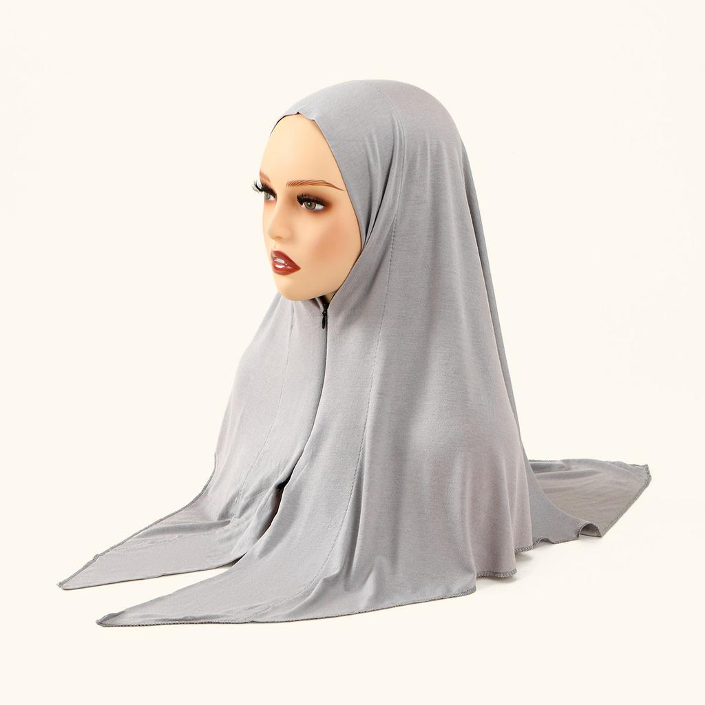 Zipper Design Muslim Hijab Solid Gray Instant Scarf Practical & Modest Islamic Headscarf for Women's Ethnic Fashion & Daily Use