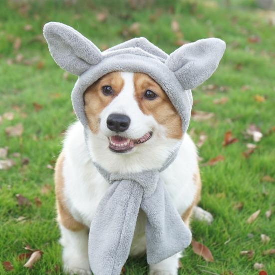 Comfortable Winter Dog Hat Scarf Coral Fleece Cat Headgear with Three-dimensional Ears Pet