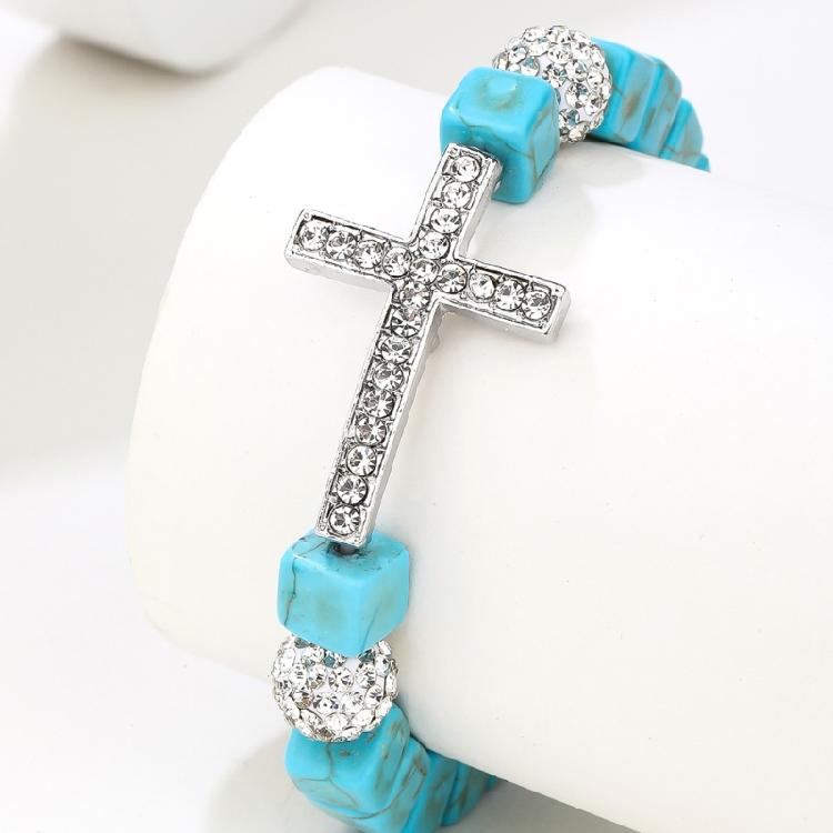 Turquoise Stone Crosses Stretch Bracelet Metal Beaded Elastic Jewelry Portable for Daily or Special Event