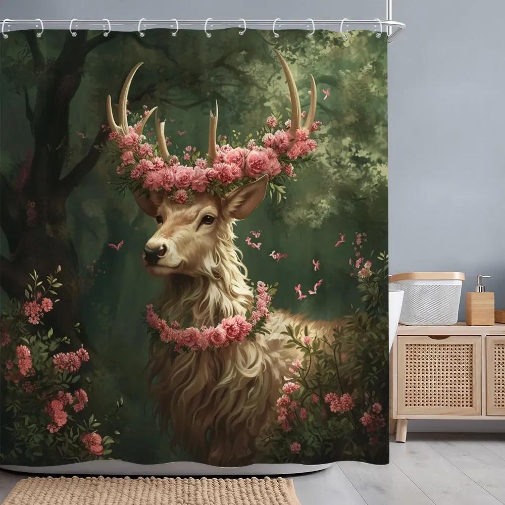 

Осінній Ліс Олень Шторка для Душу Річка Захід Сонця Сільський Сарай День Подяки Поліестерова Тканина Шторки для Ванної Декор для Ванної Кімнати з Гачками W90XH180cm