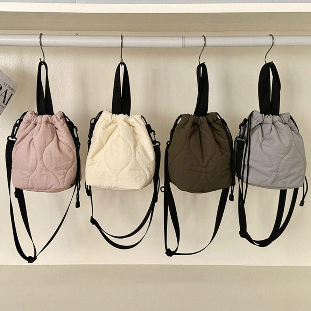 

Grid Pattern Drawstring Bucket Bag Bundle Pocket Down Bag Portable Nylon Shoulder Bag Travel