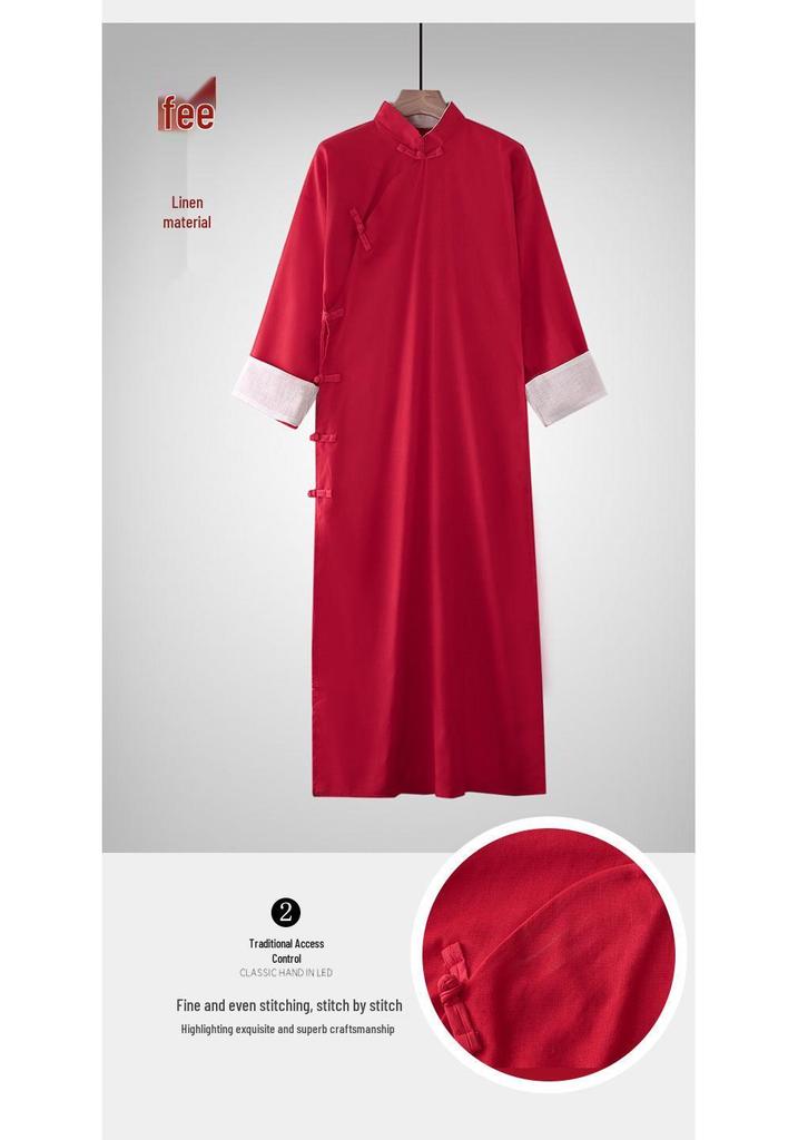 Cotton-Linen Chinese Style Men's Long Gown & Jacket for Tea Ceremony and Performance