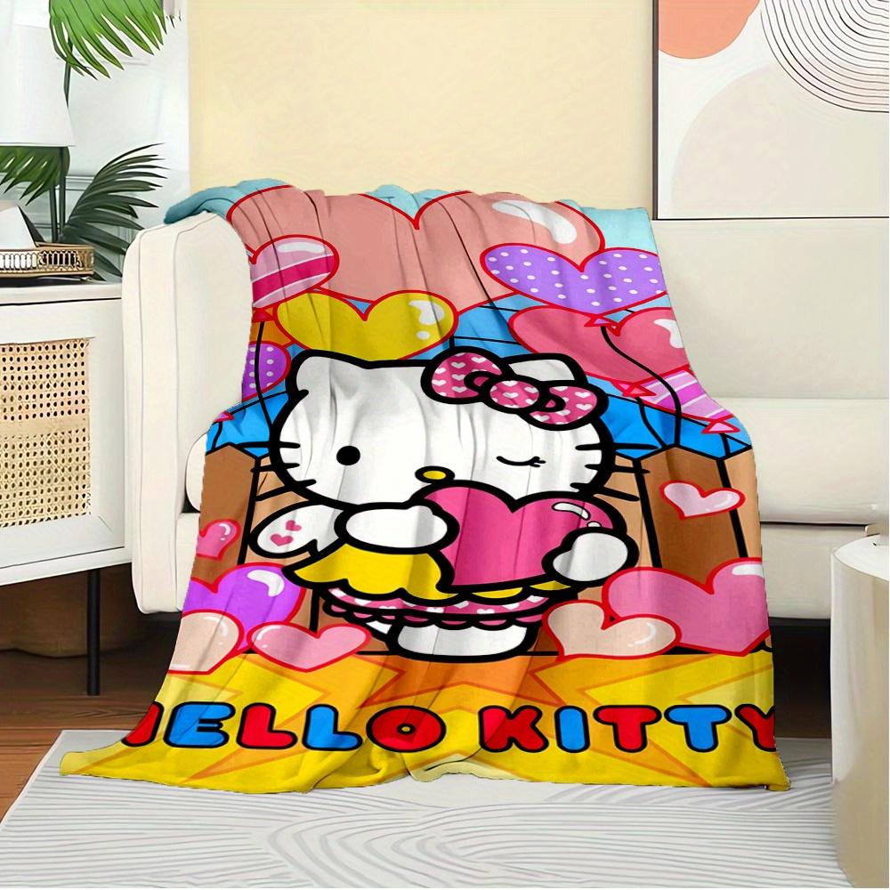 For Hello Kitty, Hearts, CelebrationAnime-Themed Flannel Blanket, Glam Style, Digital Print, All-Season Comfort, Tear-Resistant, Knitted Cra