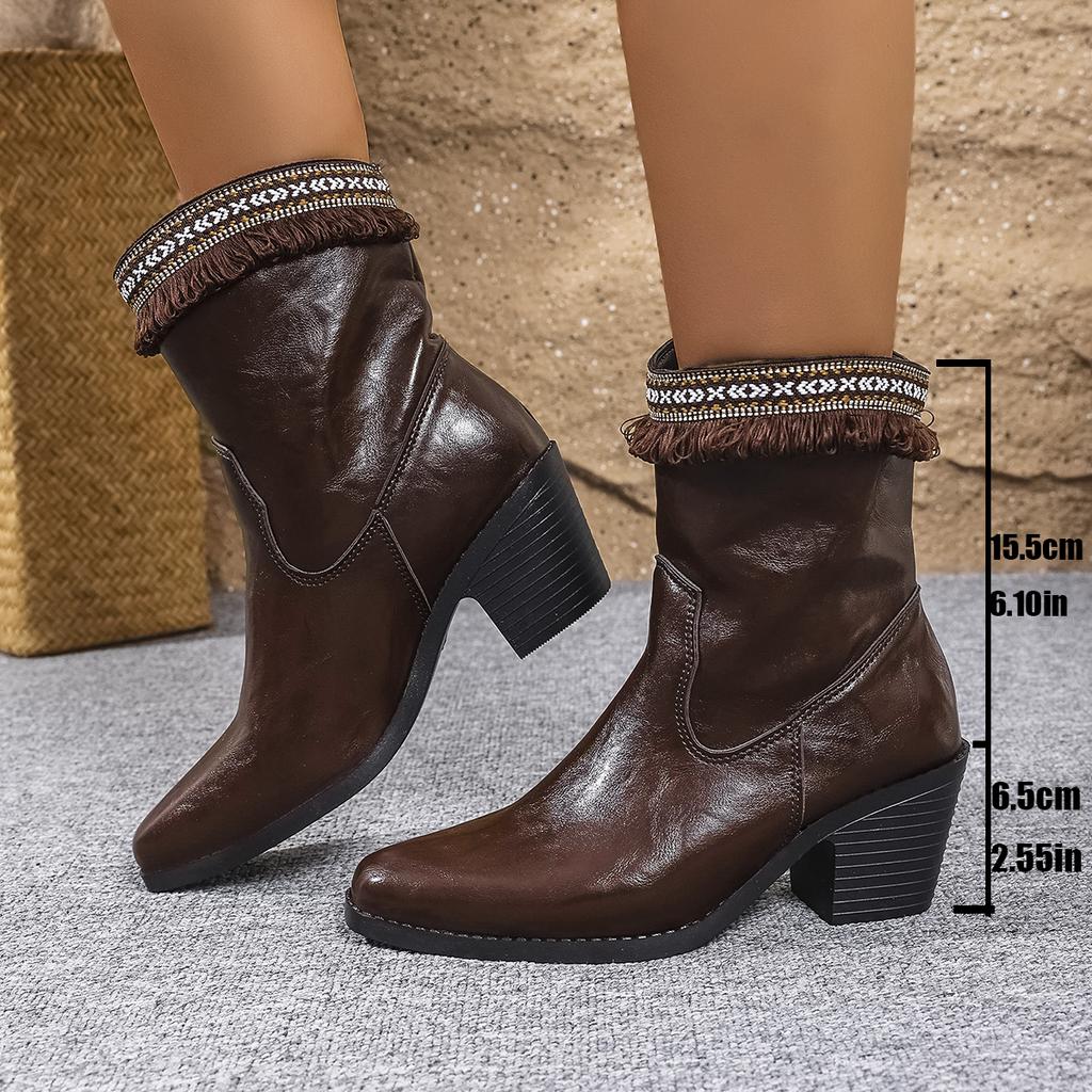Fashion 2025 Autumn/winter New Large Size36-43 Fashion Style Fringe Decor Fashion Boots Chunky High Heel Short Boots for Women