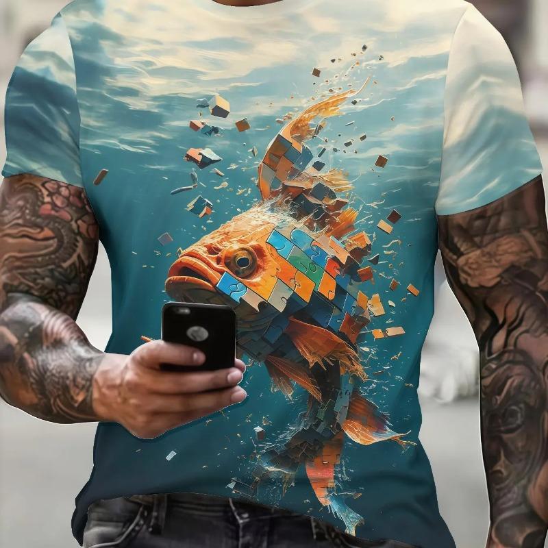 Men's 3D Color Block Goldfish Print T-Shirt Summer Ocean Sky Short Sleeve Crew Neck Casual Tee Tops