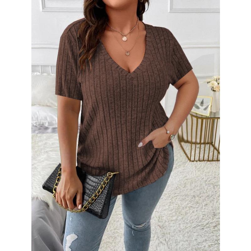 QICED Camicette e camicie da donna con scollo a V, maniche corte, stampa tinta unita casual alla moda